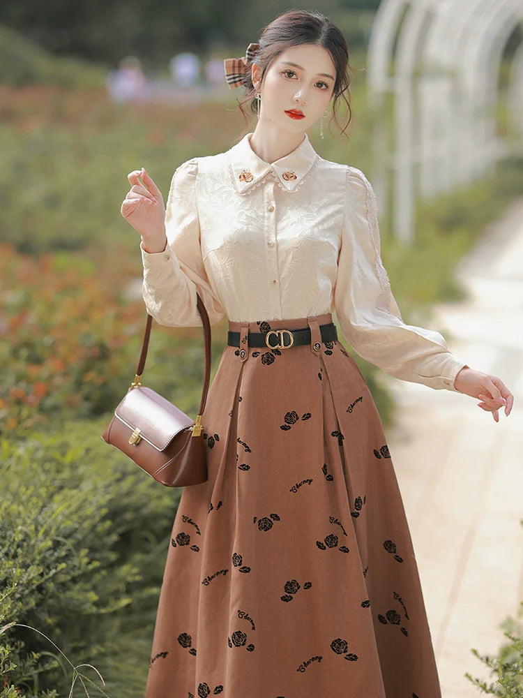 ロングブラウス＋フラワーレトロスカート