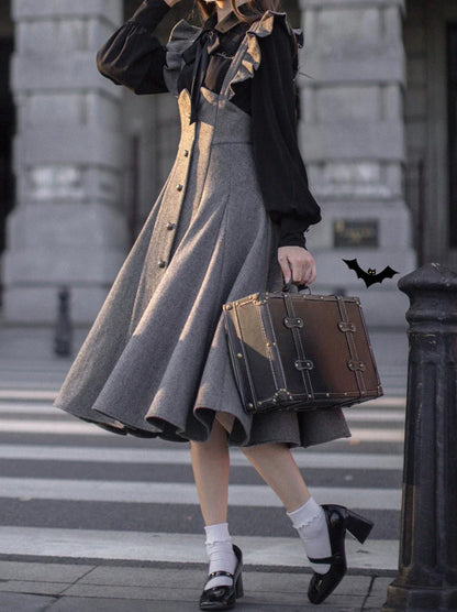 Sleeve Skirt Shoulder + Retro Suspender Black Ruffle Shirt Ribbon Elegant Volume