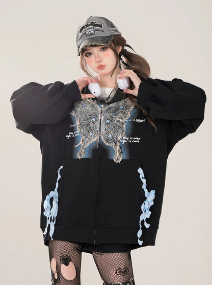 Sweatshirt Zip Butterfly Street Loose Hoodie American Jacket