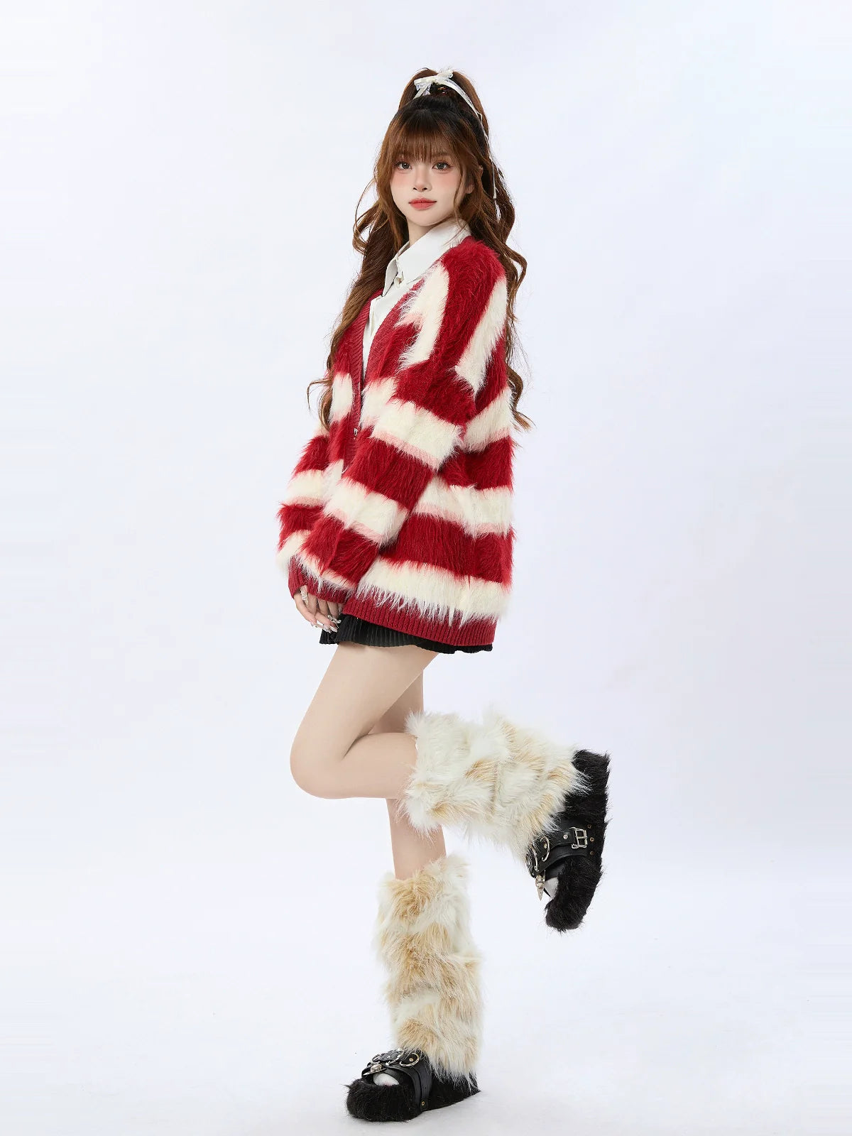 ニットストライプカーディガン レトロレッド