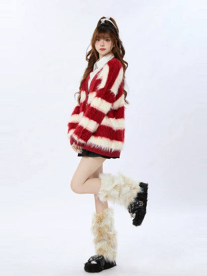 ニットストライプカーディガン レトロレッド