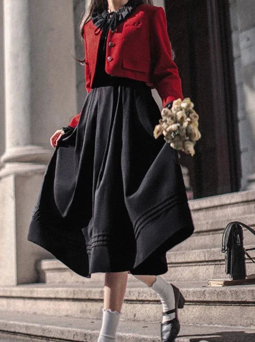 Laterne Jacke Roten Anzug Ärmel Elegante Rüschen Krawatte Schwarzen Kurzen Kleid Band Retro