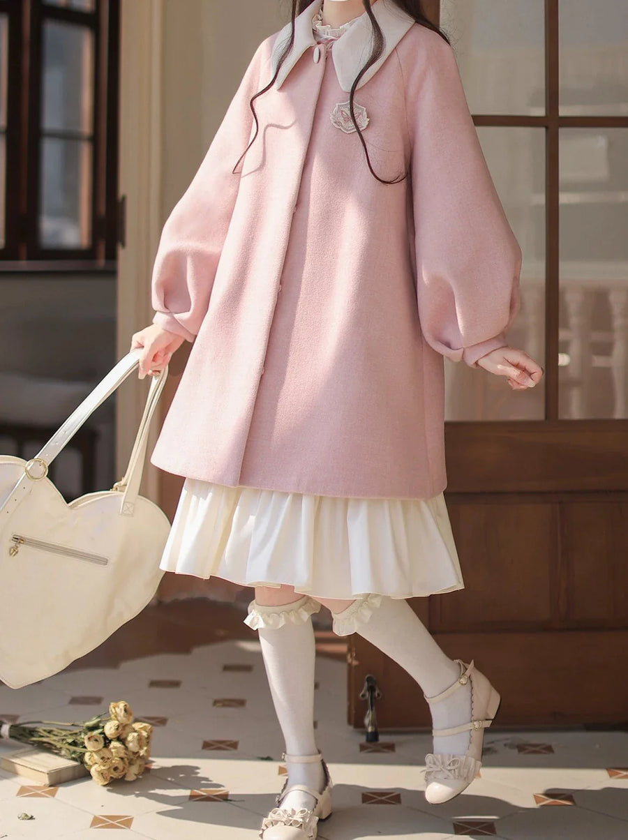 Kragenpuppe Lolita-Mantel + Off-White + Pinkes Rüschenkleid-Abzeichen