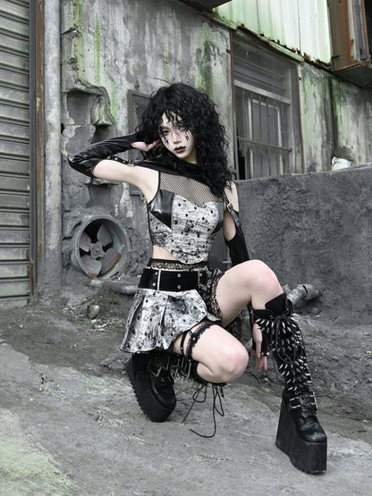 Two Top Mesh Piece Punk PU Liquid Suit Dark Slim