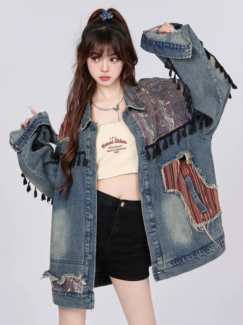 Jacket Retro Denim Ethnic Spliced