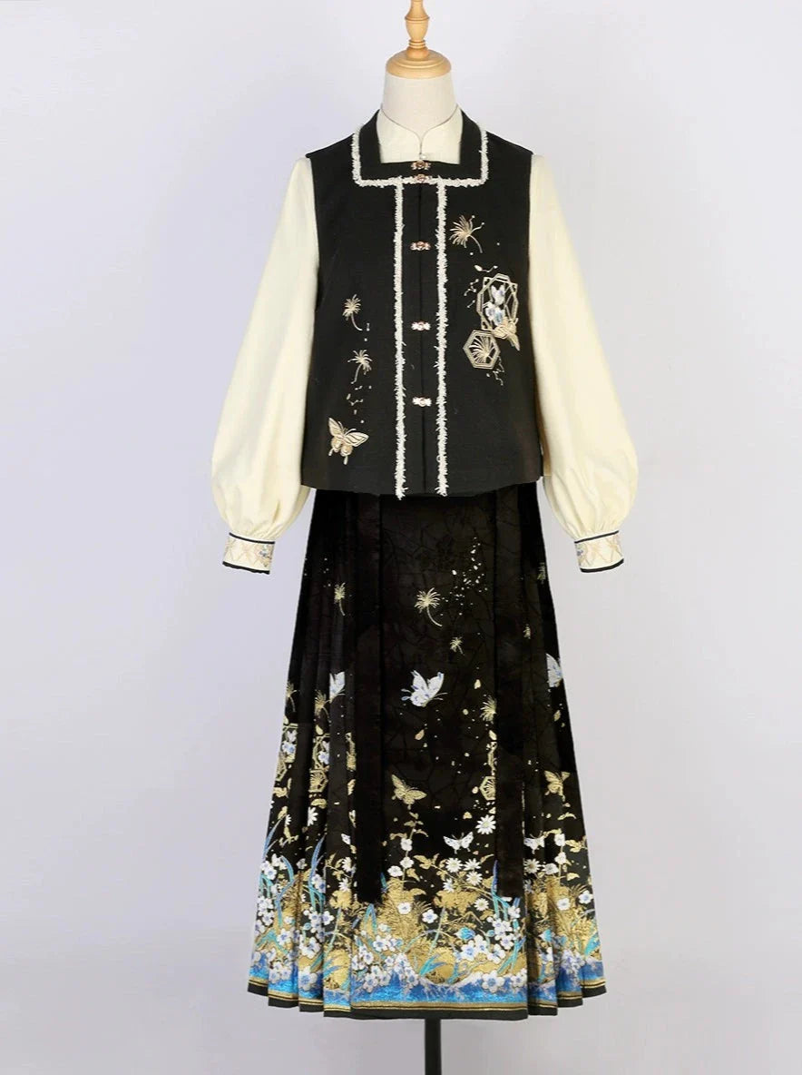 Weste Rock Plissee Bluse Wunderschöner Schmetterling