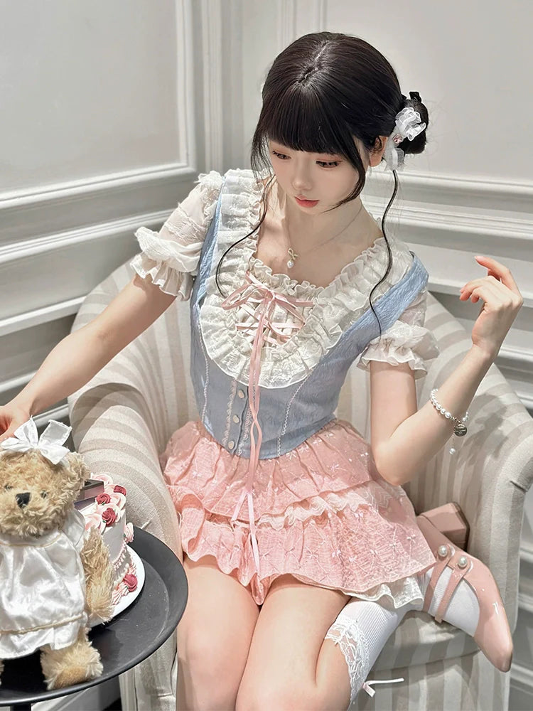 Ruffle Sleeve Vest + Balloon Shirt Puff Skirt