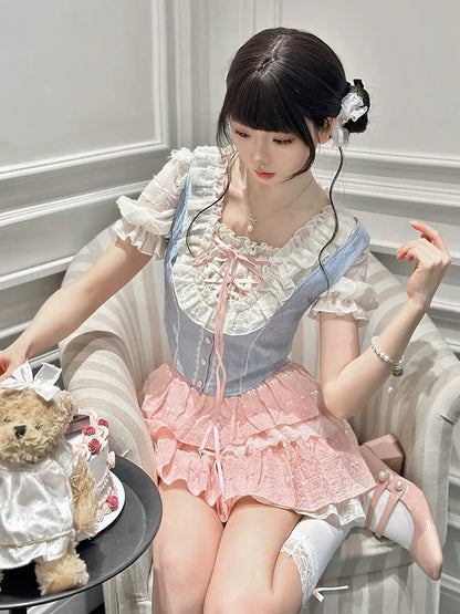 Ruffle Sleeve Vest + Balloon Shirt Puff Skirt