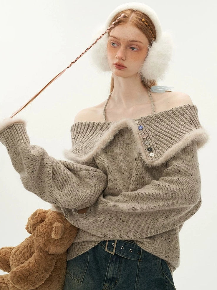 Knit Button Sweater One-shoulder