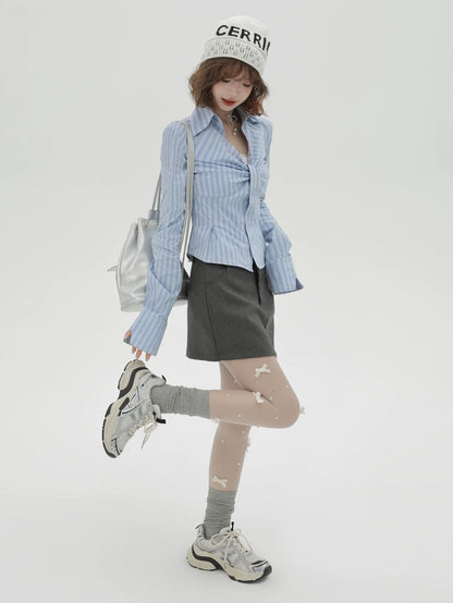 V Neck Shirt Slim Stripe Design Blue