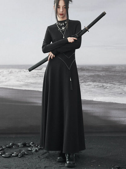 Retro Knit Leather Dress Asymmetrical China Tassel