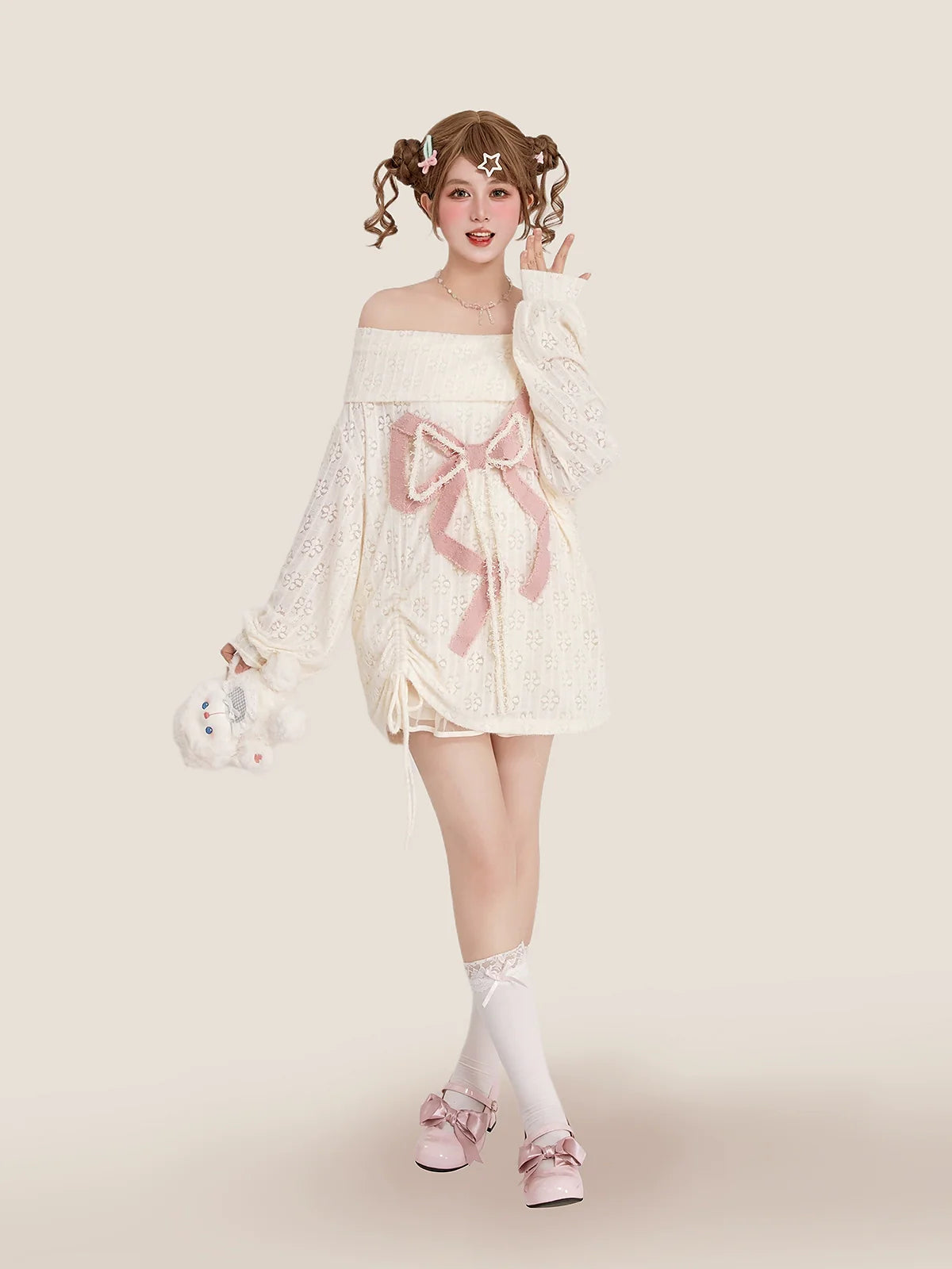 オフショルダーデザインガーリードレス リボンビッグ