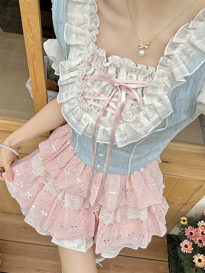 Ruffle Sleeve Vest + Balloon Shirt Puff Skirt