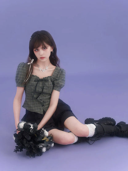 Karierte, mädchenhafte Tops mit quadratischem, schickem Ausschnitt