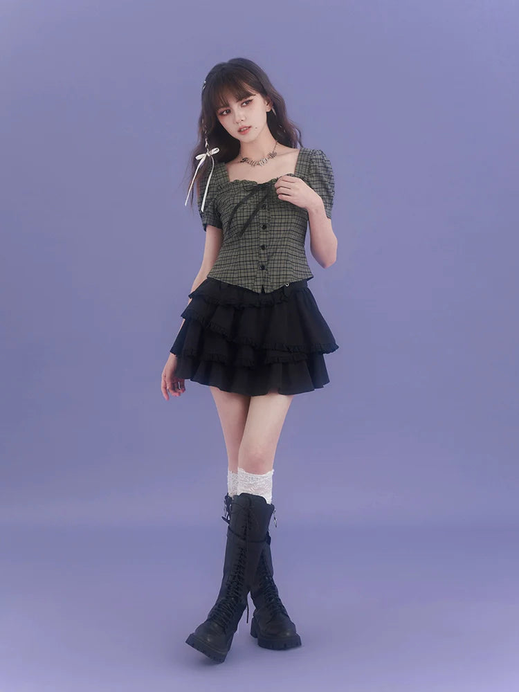 Check Girly Square Chic Neck Tops