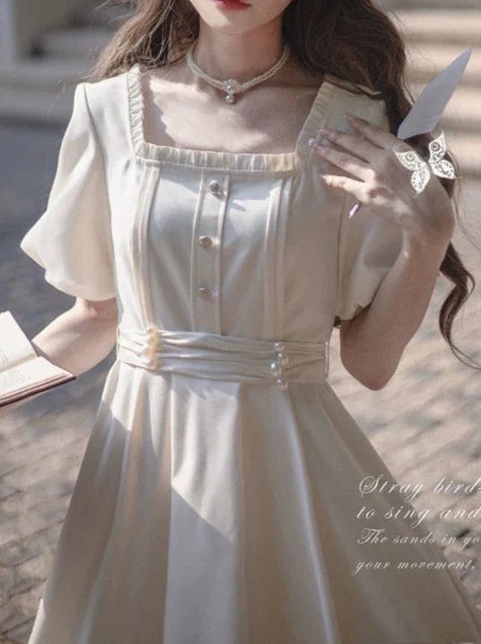 Satin Collar Square Apricot + Belt Retro Pearl Dress French