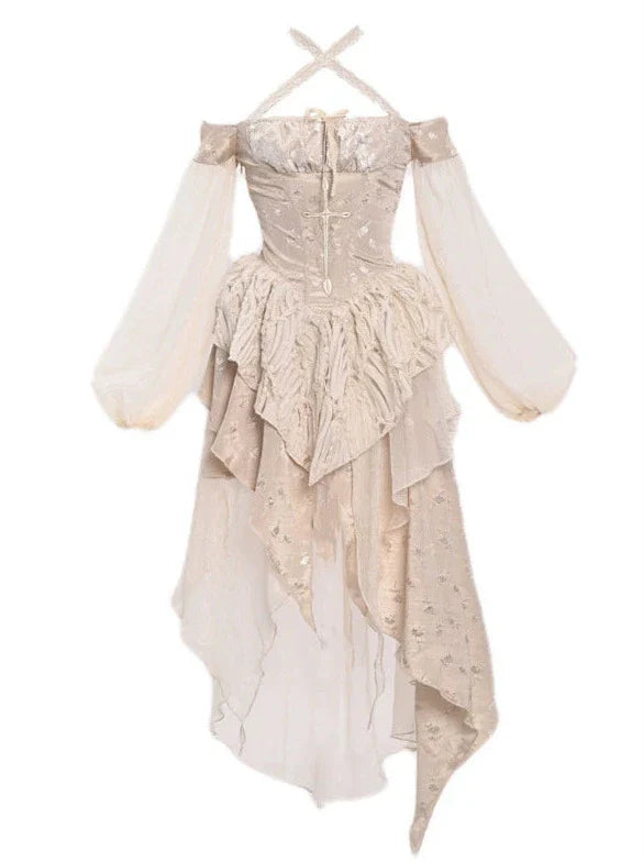 刺繍クロスランタンゴールドスレッドドレスバレエスリーブブロークンオフショルダー