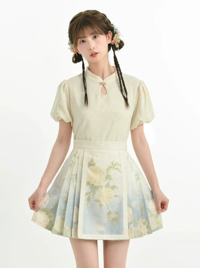 Chinese Shirt + Skirt + Jacquard Sleeve Vest Puff