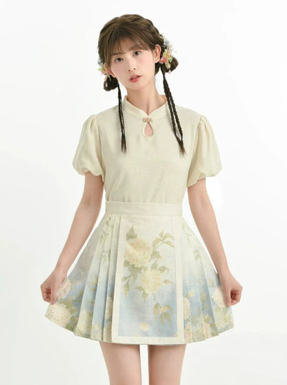 Chinese Shirt + Skirt + Jacquard Sleeve Vest Puff