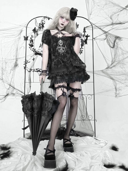 Dunkle Ärmel Puff Top Gothic Stickerei Spitze