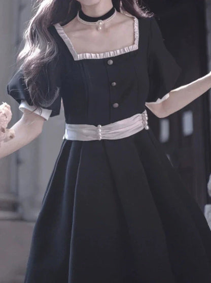 Black Necklace Pearl Dress Retro Ribbon Square French Ribbon Waist + Catsuit Black Collar