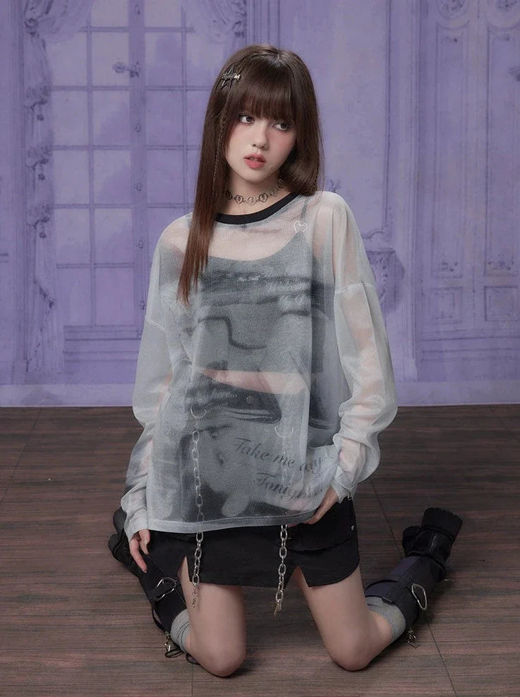 Transparenter Print Grau Top Mode Mesh