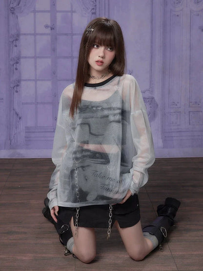 Transparenter Print Grau Top Mode Mesh