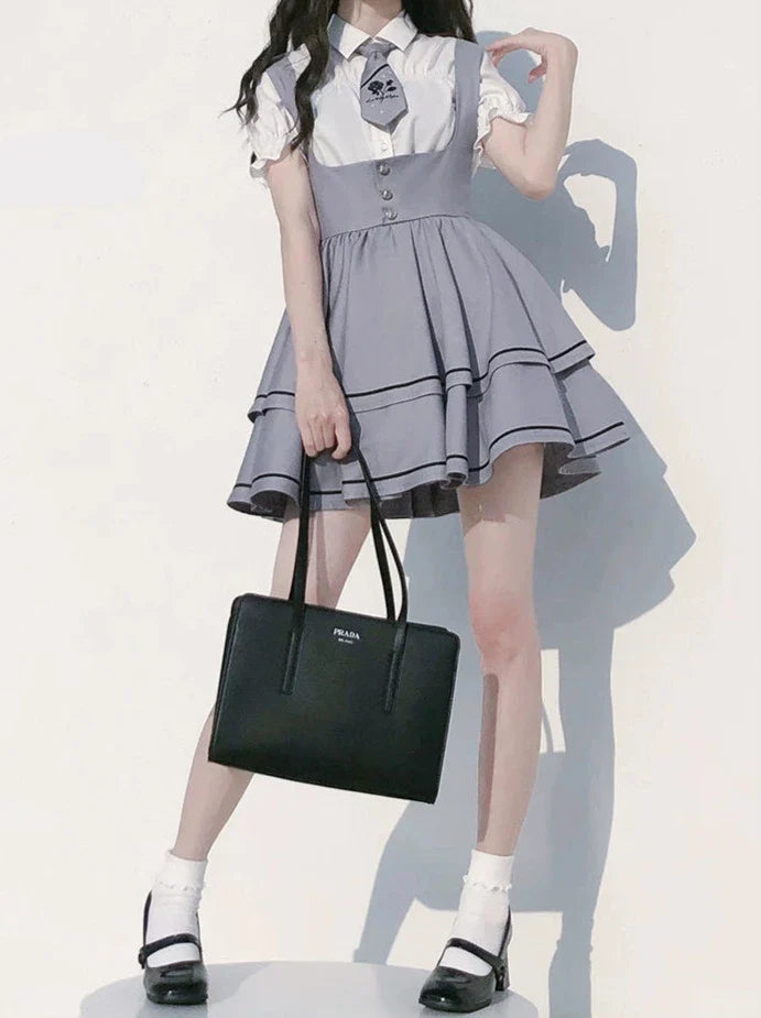 Shirt Beere Lange Wilde Ärmel + Puff Shirt Ärmel Kuchen Krawatte Rock Set Hosenträger Tutu