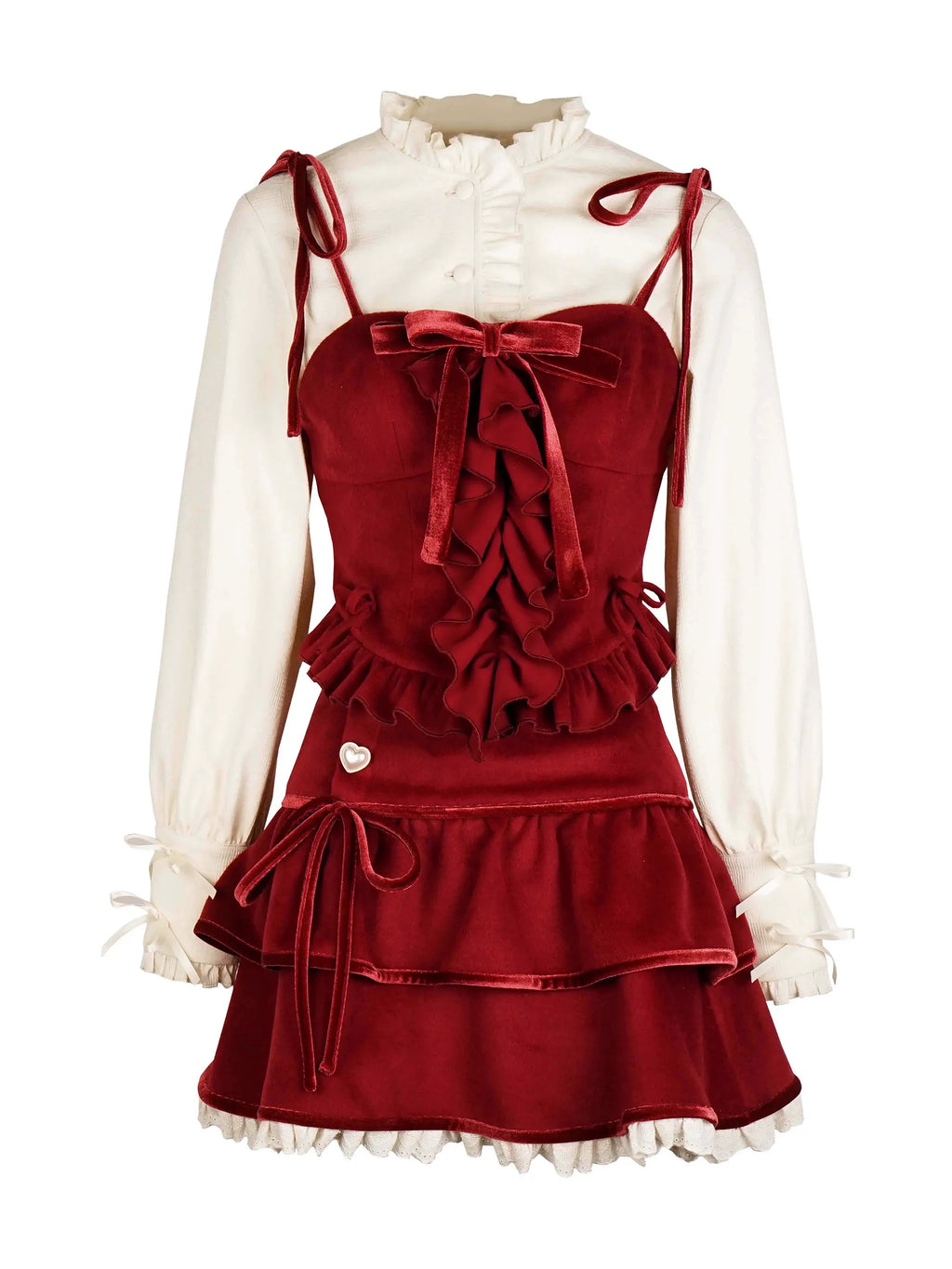 Ribbon Frill Short Jacket Singing Stand Color Dark Print Shirt Skirt Suit