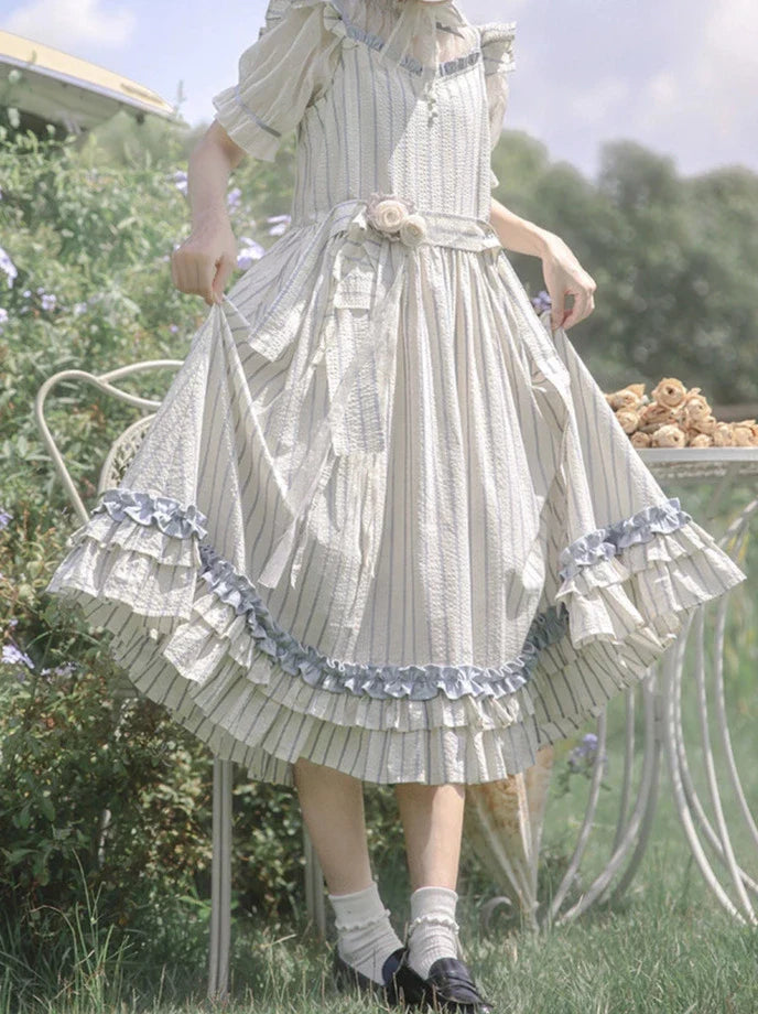 Shirt Handmade + Dress Puff Sheer Ruffled Sleeve Shoulder Corsage Inner Fairy Lace + Striped