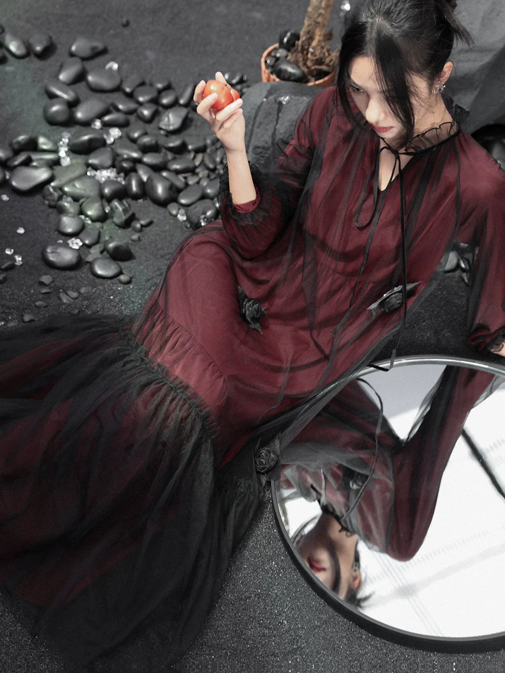 Loose See-through Shirt Dark Dress Mesh Contrast