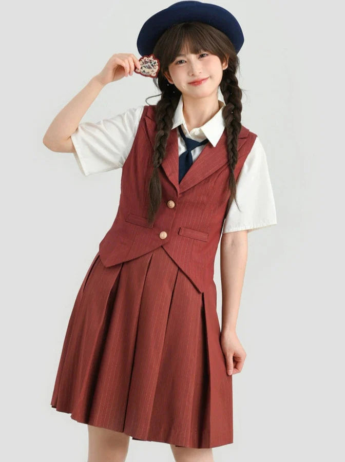 Style Faltenrock College Weste Rot Ziegel + Streifen