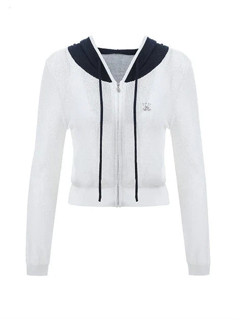 Kurzer/langer Hoodie aus transparentem Netzstrick mit Reißverschluss