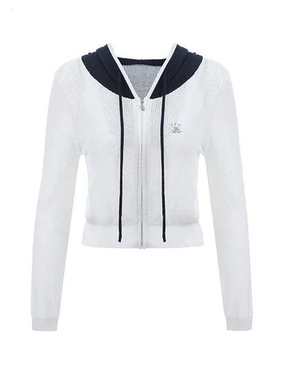 Kurzer/langer Hoodie aus transparentem Netzstrick mit Reißverschluss