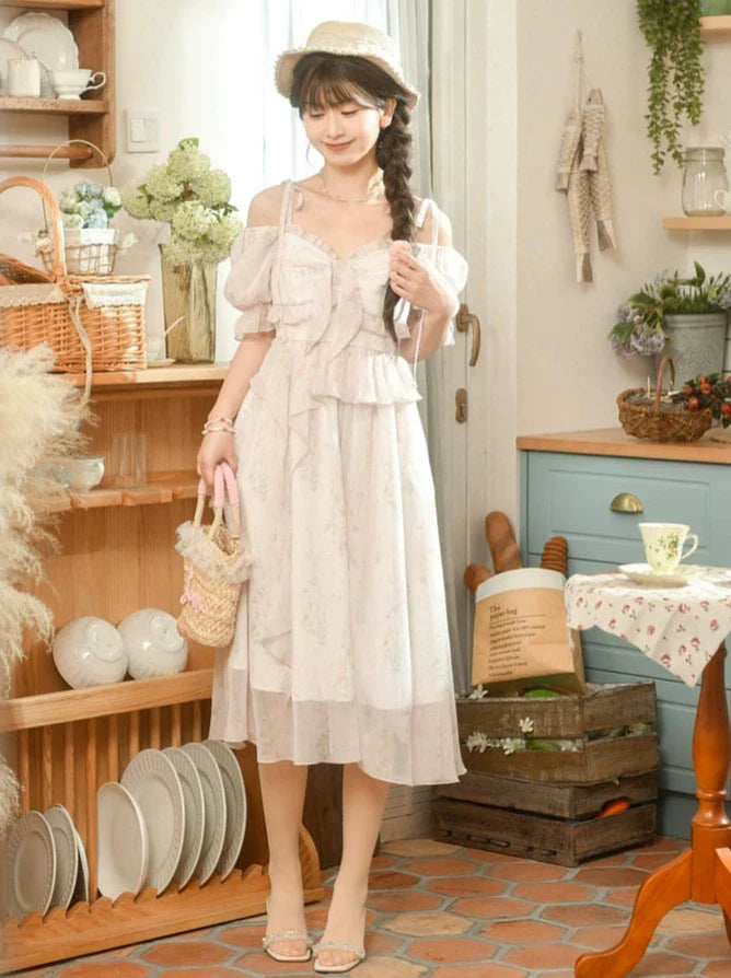 フローラルピンクのスクエアドレス シフォンオフショルダー