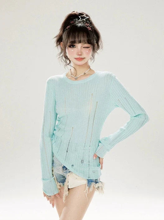 Schmaler Halsausschnitt, Bodenrippin-Strick, unregelmäßiges Sommeroberteil