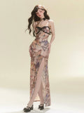 Slit Long Dress Sheer Butterfly