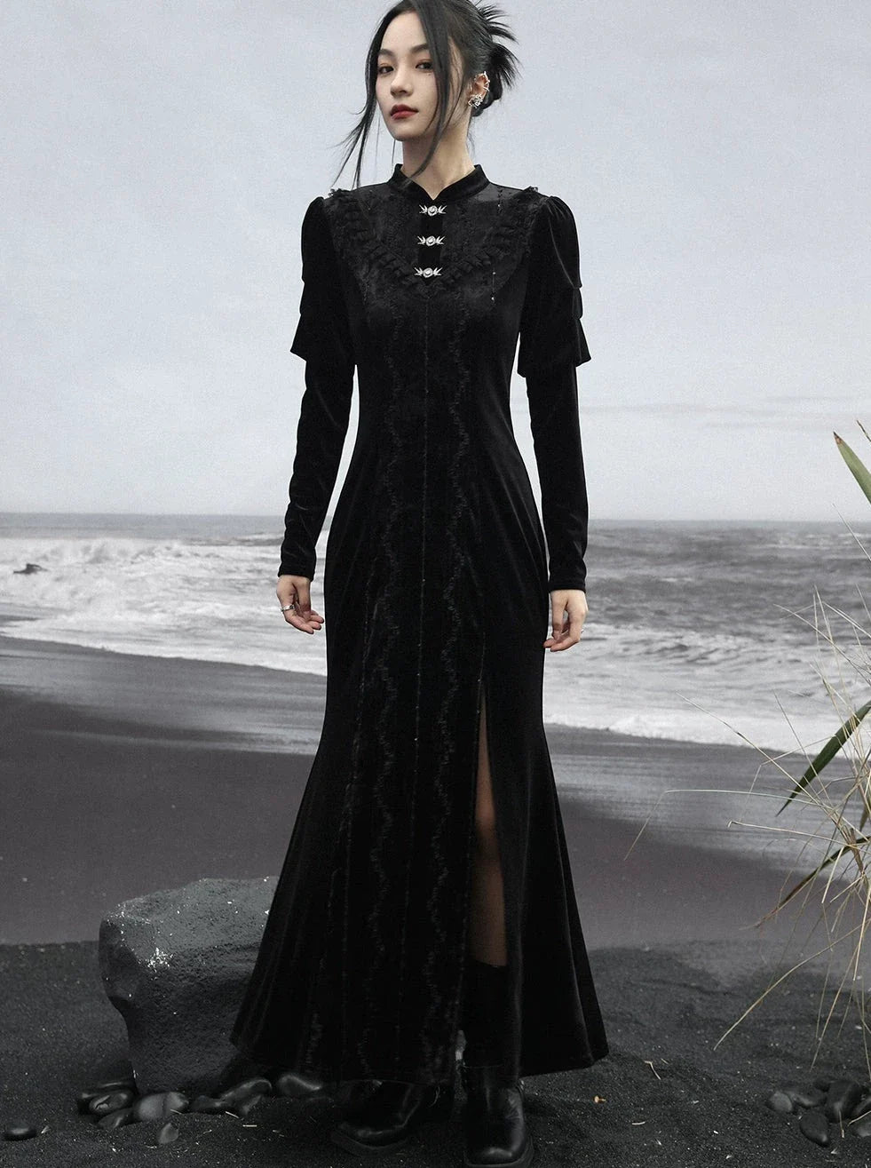 Rock Retro Schlitz Lange Dunkle Spitze Spleißen