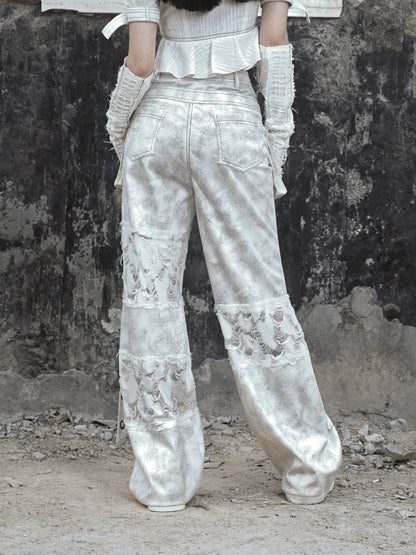 Waist Wide Ruffle Pants Gothic White Lace-Up Pocket