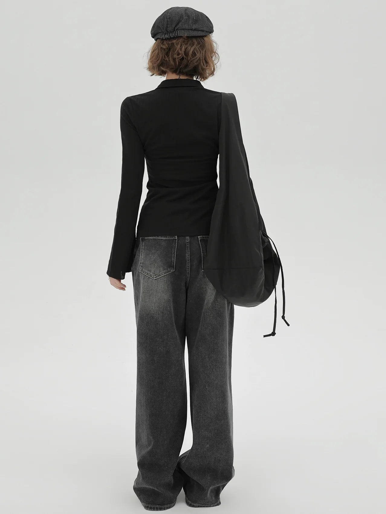 ニットベルブラックスリムポロカラーカーディガンスリーブレトロ