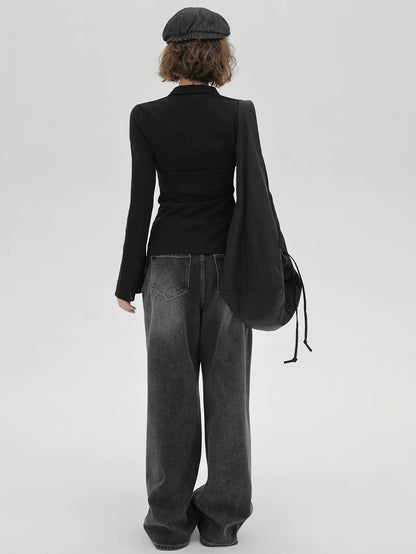 ニットベルブラックスリムポロカラーカーディガンスリーブレトロ