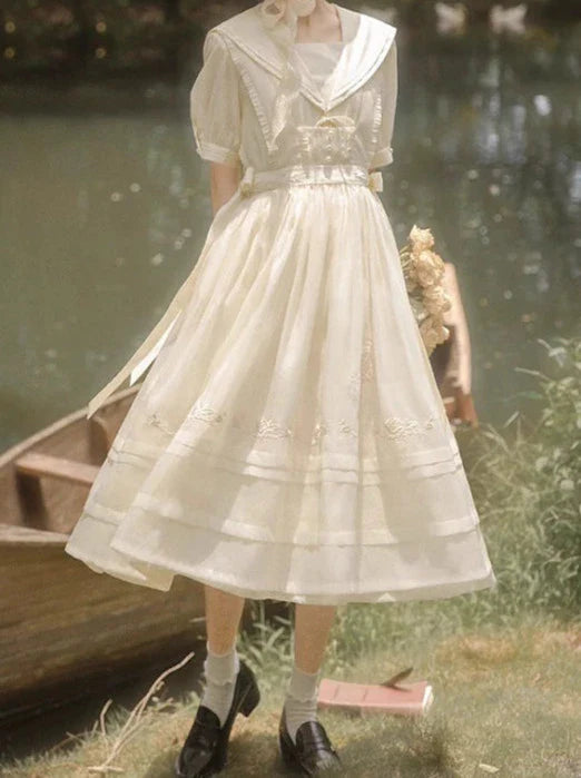 Robe ceinture rose + jupe sur tulle couleur marin + broderie col fée naturel