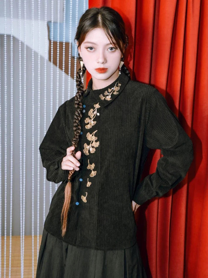 リーフレトロ刺繍シャツチャイナコーデュロイ