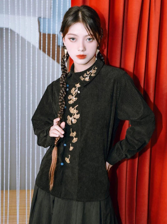 リーフレトロ刺繍シャツチャイナコーデュロイ