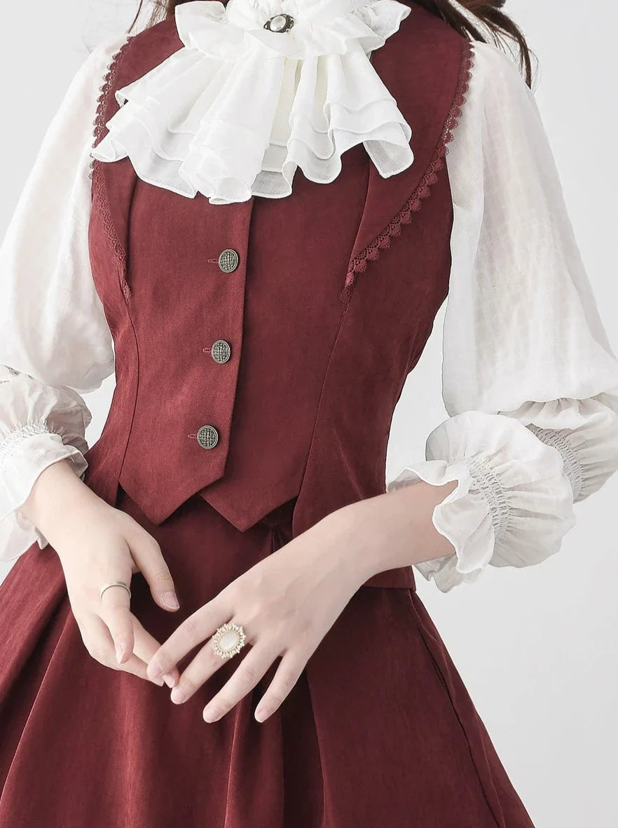 Vest Retro Colored Classical + Long Flared Blouse Skirt