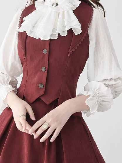 Vest Retro Colored Classical + Long Flared Blouse Skirt