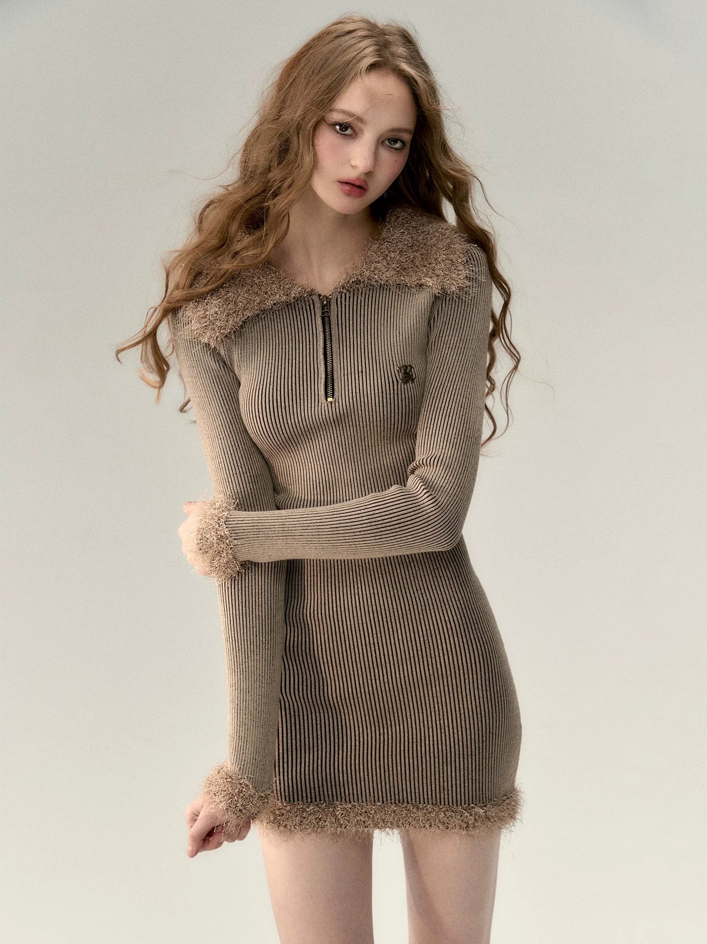 Big Fur Collar Knit Dress