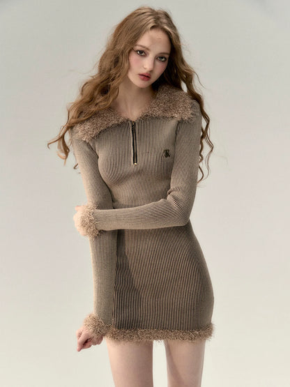 Big Fur Collar Knit Dress