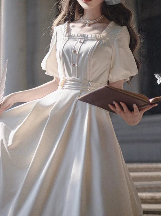 Satin Collar Square Apricot + Belt Retro Pearl Dress French