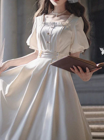 Satin Collar Square Apricot + Belt Retro Pearl Dress French